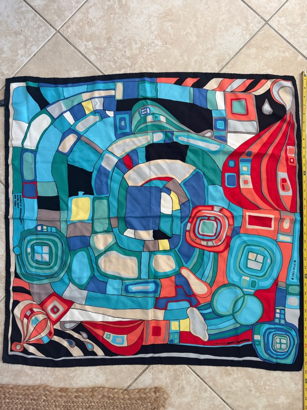 Frey Wille 100% Silk Geometric Print Scarf in Teal & Red